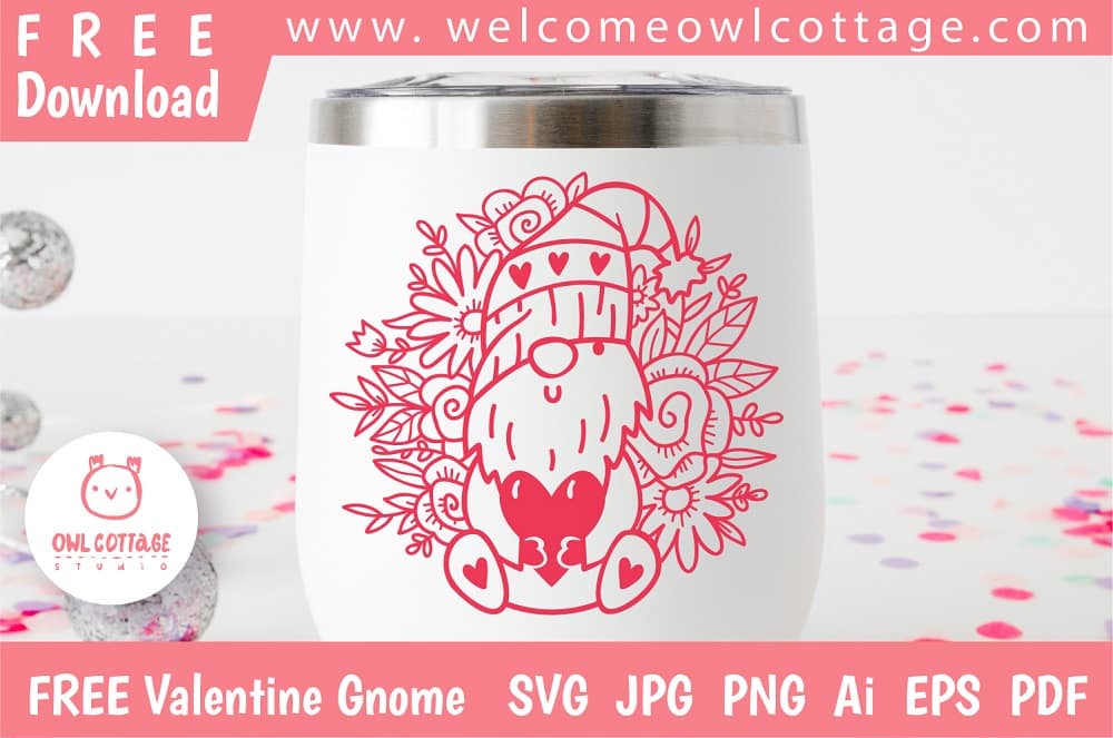 FREE Valentine Gnome with Heart and Flowers SVG Cut File for Wine Cup