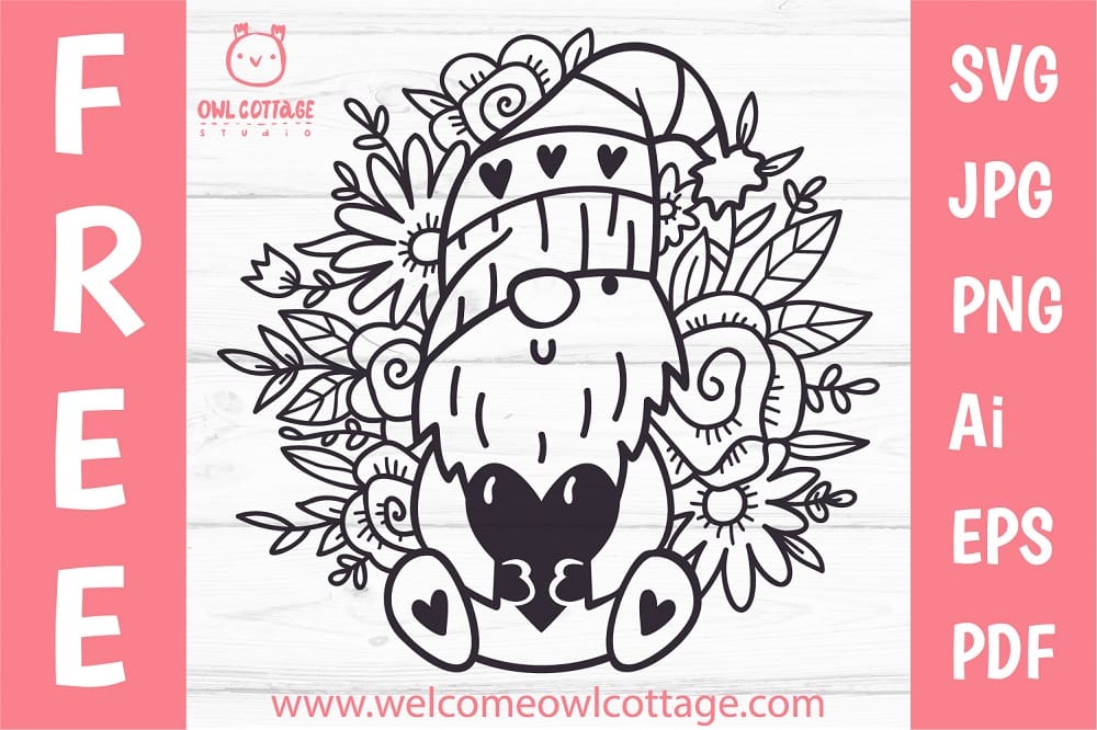 FREE Valentine Gnome with Heart and Flowers SVG Cut File