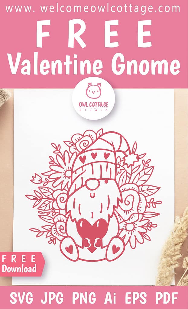 FREE Valentine Gnome with Heart and Flowers SVG Cut File for Valentine Card