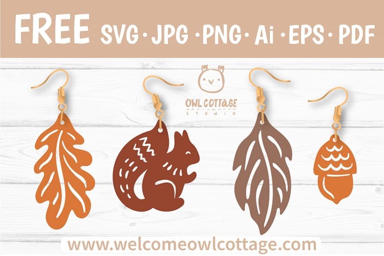 FREE Fall Forest Earrings Templates svg. Squirrel, Oak leaf, Fall leaf, Acorn